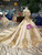 Champagne Ball Gown Tulle Sequins Gold Sequins Appliques Off The Shoulder Wedding Dress