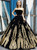 Black Ball Gown Velvet Gold Appliques Backless Long Haute Couture Prom Dresses