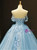 Blue Ball Gown Tulle Appliques Off The Shoulder Backless Sweet 16 Prom Dresses