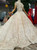 Champagne Ball Gown Lace Tulle Off The Shoulder Beading Wedding Dress With Long Train