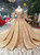 Champagne Gold Lace Square Backless Long Sleeve Beading Wedding Dress With Train