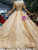 Champagne Gold Ball Gown Tulle Sequins Backless Cap Sleeve Wedding Dress