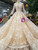 Champage Ball Gown Lace V-neck Long Sleeve Beading Wedding Dress With Train