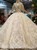 Champagne Ball Gown Tulle Lace Appliques Off The Shoulder Wedding Dress With Long Train