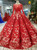Red Ball Gown Sequins Appliques Long Sleeve Beading Wedding Dress