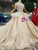 Champagne Ball Gown Lace Appliques Off The Shoulder Wedding Dress With Train