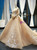 Champagne Ball Gown Tulle Lace Appliques Off The Shoulder Long Sleeve Prom Dress