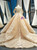 Champagne Ball Gown Tulle Lace Appliques Off The Shoulder Long Sleeve Prom Dress