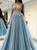 A-Line Blue Open Back Pleats Appliques Long Formal Prom Dress