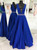 A-Line Blue V-neck Backless Long Prom Dress With Beading