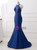 Blue Satin Mermaid Halter Cut Out Backless Long Prom Dress