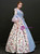 Blue Satin Print Puff Sleeve Square Vintage Gown Dress With Bow