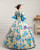 Blue Ball Gown Print Puff Sleeve Drama Show Vintage Gown Dress With Crystal