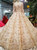 Champagne Ball Gown Bateau Long Sleeve Appliques Wedding Dress With Beading