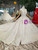 Champagne Ball Gown Lace High Neck Cap Sleeve Weddding dDress With Long Train