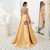 A-Line Champagne Gold Satin High Neck Cap Sleeve Prom Dress With Beading