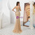 Champagne Mermaid Tulle V-neck Long Prom Dress With Beading