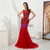 Red Mermaid Tulle Sleeveless Prom Dress With Beading Feather