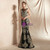 Black Mermaid Satin Gold Sequins Appliques Long Prom Dress