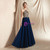 A-Line Navy Blue Chiffon Halter Backless Appliques Long Prom Dress