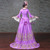 A-Line Hi Lo Purple Satin Lace Appliques Puff Sleeve Drama Show Vintage Gown Dress