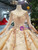 Champagne Ball Gown Tulle Lace Appliques Sequins Long Sleeve Wedding Dress With Beading