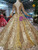 Gold Ball Gown Sequins Long Sleeve Scoop Floor Length Wedding Dress