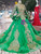 Green Ball Gown Tulle Gold Sequins High Neck Long Sleeve Wedding Dress