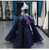 Navy Blue Ball Gown Lace White Lace Appliques Backless Prom Dress