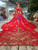 Red Ball Gown Tulle Embroidery Appliques Long Sleeve Wedding Dress With Removable Train