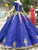 Royal blue off-the-shoulder ball gown wedding dress with gold sequin appliques and beading