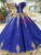 Royal blue off-the-shoulder ball gown wedding dress with gold sequin appliques and beading