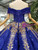 Close-up of gold sequin and floral bead details on a royal blue tulle wedding dress