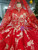 Red Ball Gown Tulle Appliques High Neck Long Sleeve Wedding Dress With Long Train