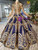 Blue Ball Gown Sequins Gold Sequins Appliques V-neck Long Sleeve Wedding Dress