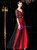 A-Line Red And Black Tulle Deep V-neck Backless Half Sleeve Mother Of The Bride Dress