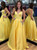 A-Line Yellow Satin Spaghetti Straps Long Prom Dress With Pocket