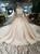 Champagne Tulle Sequins Bateau Long Sleeve Backless Wedding Dress