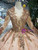 Champagne Ball Gown Sequins Appliques V-neck Long Sleeve Wedding Dress