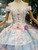 Blue Ball Gown Tulle Pink Flower Off the Shoulder Wedding Dress