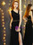 In Stock:Ship in 48 Hours Black Asymmetrical Neck Prom Dress With Sash