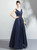 In Stock:Ship in 48 Hours Navy Blue V-neck Backless Sequins Prom Dress