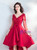 In Stock:Ship in 48 Hours Red Satin V-neck Long Sleeve Backless Prom Dress