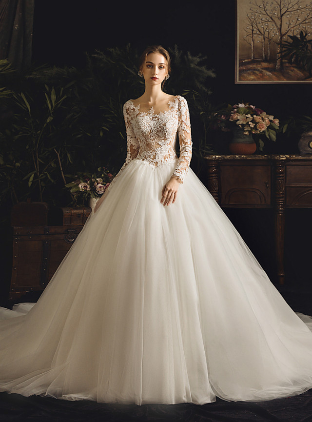 White Ball Gown Bateau Tulle Lace Appliques Long Sleeve Backless Wedding Dress