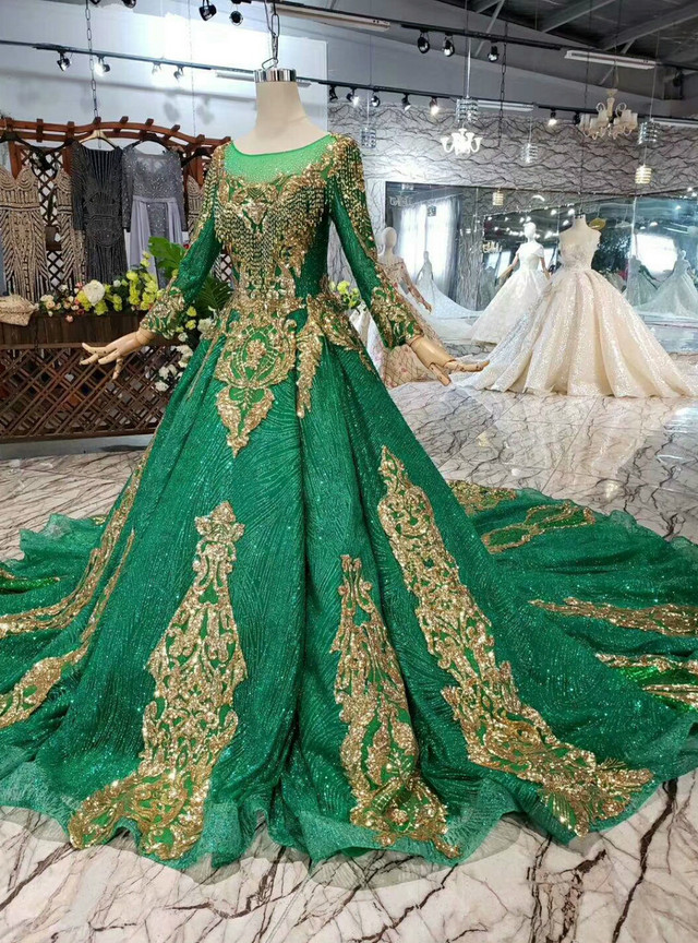 Green Ball Gown Sequins Square Long Sleeve Luxury Wedding Dress