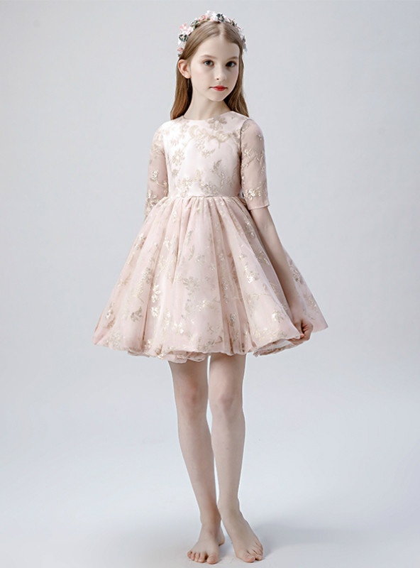 Summer Arrival Purple Flowers Pattern Fly Sleeves Ruffle Neck Dress for Stylish Girls