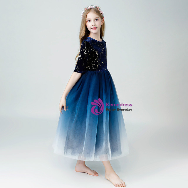 V-Neck Sleeveless Tulle Girl's Dress Dark Navy