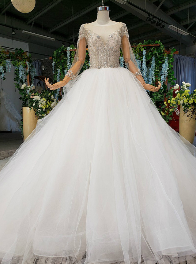 Beautiful A-Line Bateau Long Sleeve Floor-length Wedding Dress with Pearl Lace