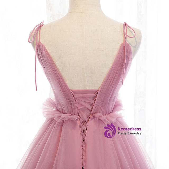 A-Line Deep V-Neck Backless Long Tulle Prom Dresses, PD0677