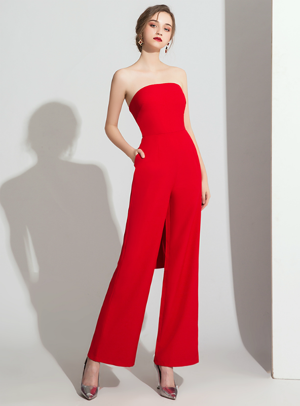 Red Strapless Party Sleeve Jumpsuits With Pocket